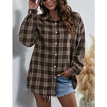 Zontroldy Brown Plaid Flannel Shirt Women Oversized Long Sleeve Button Down Buffalo Plaid Shirt Blou...