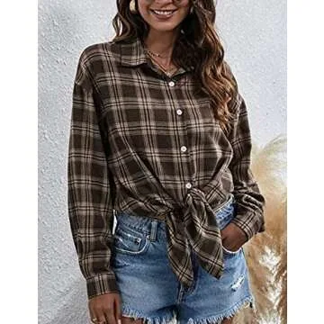 Zontroldy Brown Plaid Flannel Shirt Women Oversized Long Sleeve Button Down Buffalo Plaid Shirt Blouse Tops (0228-Coffee-L)
