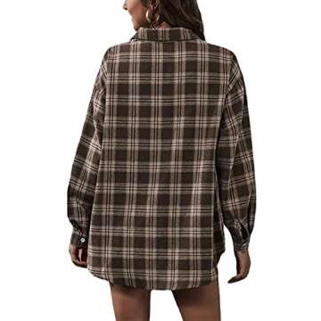 Zontroldy Brown Plaid Flannel Shirt Women Oversized Long Sleeve Button Down Buffalo Plaid Shirt Blouse Tops (0228-Coffee-L)