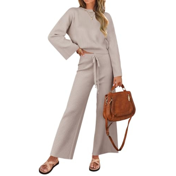 ZESICA Women's 2 Piece Outfits Set Casual Long Sleeve Knit Pullover Top and Wide Leg Pants Sweatsuit...