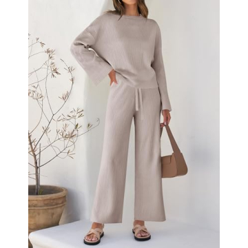 ZESICA Women's 2 Piece Outfits Set Casual Long Sleeve Knit Pullover Top and Wide Leg Pants Sweatsuit Lounge Sets,Oatmeal,Medium