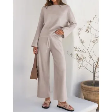 ZESICA Women's 2 Piece Outfits Set Casual Long Sleeve Knit Pullover Top and Wide Leg Pants Sweatsuit Lounge Sets,Oatmeal,Medium