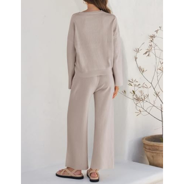 ZESICA Women's 2 Piece Outfits Set Casual Long Sleeve Knit Pullover Top and Wide Leg Pants Sweatsuit Lounge Sets,Oatmeal,Medium