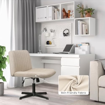 PUKAMI Criss Cross Chair,Comfy Cross Legged Office Desk Chair No Wheels,Cute Makeup Vanity Chair,Fabric Modern Swivel Height Adjustable Mid Back Wide Seat Computer Task Chair for Home Office(Beige)