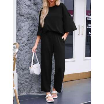 Tankaneo Womens 2 Piece Outfits 3/4 Sleeve Tops and Elastic Waist Pants Casual Lounge Sets Black