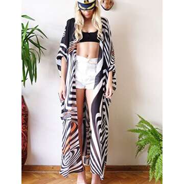 Bsubseach Women's Loose Zebra Print Short Sleeve Chiffon Bikini Cover Up Swimwear Kimono Cardigan Long Blouses