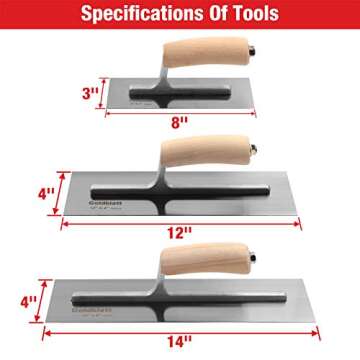 Goldblatt 3 Pieces Drywall Trowel, Carbon Steel Finishing Masonry Trowel Set Includes 14'' x 4'', 12...