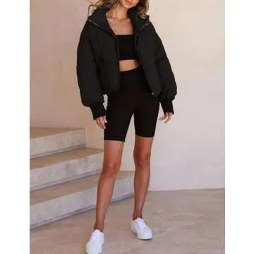 Yimoon Women's Winter Cropped Puffer Jacket Baggy Short Padded Coats Outerwear(Black-S)