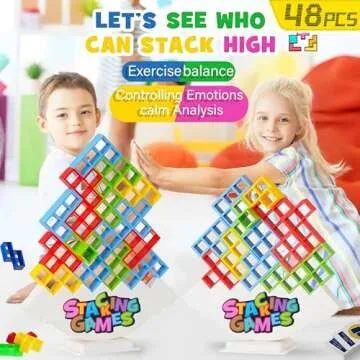 GINROGD 48 Pcs Tetra Tower Stacking Game Balance Blocks, Tetris Board Game Stack Attack, Kids & Adults Team Building Blocks Toy. Gift Friends,Classrooms,Family Games and Travel Parties Toy.