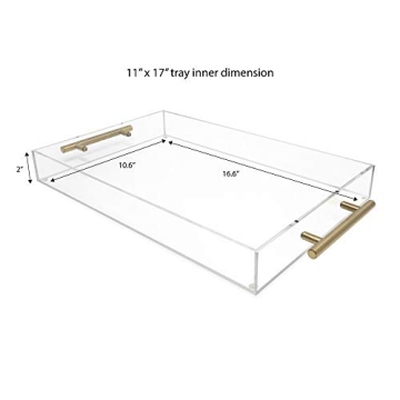 Isaac Jacobs Clear Acrylic Serving Tray (11x17) with Gold Metal Handles, Spill-Proof, Stackable Organizer, Food & Drinks Server, Indoors/Outdoors, Lucite Storage Décor (11x17, Clear with Gold Handle)