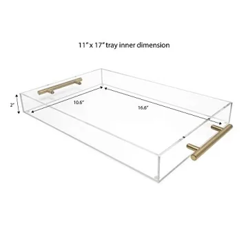 Isaac Jacobs Clear Acrylic Serving Tray (11x17) with Gold Metal Handles, Spill-Proof, Stackable Organizer, Food & Drinks Server, Indoors/Outdoors, Lucite Storage Décor (11x17, Clear with Gold Handle)