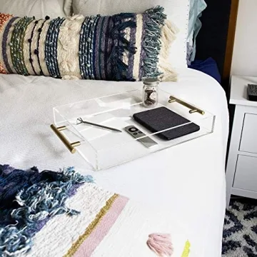 Isaac Jacobs Clear Acrylic Serving Tray (11x17) with Gold Metal Handles, Spill-Proof, Stackable Organizer, Food & Drinks Server, Indoors/Outdoors, Lucite Storage Décor (11x17, Clear with Gold Handle)