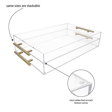 Isaac Jacobs Clear Acrylic Serving Tray (11x17) with Gold Metal Handles, Spill-Proof, Stackable Organizer, Food & Drinks Server, Indoors/Outdoors, Lucite Storage Décor (11x17, Clear with Gold Handle)