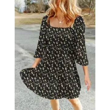 Dokotoo Sundresses for Women 2025 Casual Beach Boho Floral Print Long Sleeve Square Neck Smocked Dresses A-Line Swing Mini Babydoll Bohemian Resort Wear Sun Dress Party Vacation Dresses Black Large