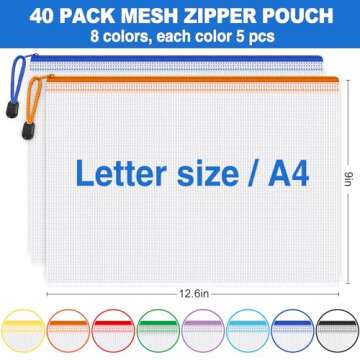 40 Pack Mesh Zipper Pouch Bags, A4 Mesh Bags with Zipper in 8 Color, Waterproof Zip File Folder Pouc...