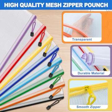 40 Pack Mesh Zipper Pouch Bags, A4 Mesh Bags with Zipper in 8 Color, Waterproof Zip File Folder Pouch for Organization Storage, Letter Size Zipper Bag for Classroom/Home/Office