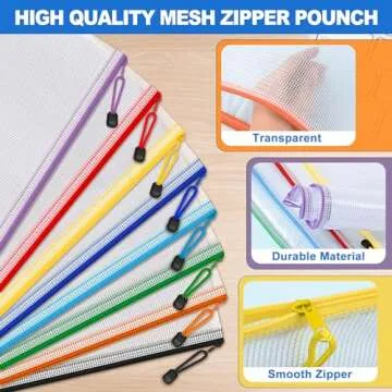 40 Pack Mesh Zipper Pouch Bags, A4 Mesh Bags with Zipper in 8 Color, Waterproof Zip File Folder Pouch for Organization Storage, Letter Size Zipper Bag for Classroom/Home/Office