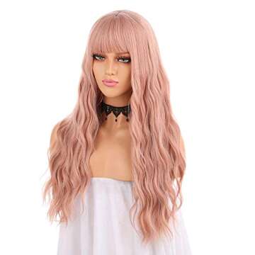 eNilecor Orange Pink Wigs,27" Long Rose Gold Curly Wavy Wig with Bangs Colored Cosplay Custom Party ...