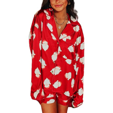 Women Christmas Pajamas Shorts Sets Santa Claus Pjs Long Sleeve Button Down Shirt Lounge Set Xmas Pr...