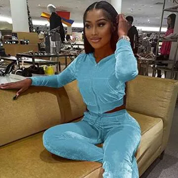 Womens Velour Hoodie Jogger Tracksuit Two Piece Outfits for Women, Long Sleeve Full-Zip Up Crop Tops Jacket Flared Pants Matching Set Sportswear Jogging Sweatsuit Pockets Patchwork Glitter Stripe
