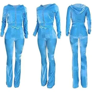 Womens Velour Hoodie Jogger Tracksuit Two Piece Outfits for Women, Long Sleeve Full-Zip Up Crop Tops Jacket Flared Pants Matching Set Sportswear Jogging Sweatsuit Pockets Patchwork Glitter Stripe