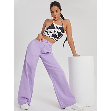MakeMeChic Women's High Waist Wide Leg Denim Pants Purple