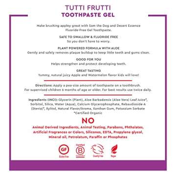 Desert Essence Fluoride-Free Toothpaste Gel for Kids - Tutti Frutti Flavor - Safe for Toddlers and Babies - Gluten-Free, SLS-Free, Non-Fluoride - Safe to Swallow with Xylitol and Aloe, 4.7oz
