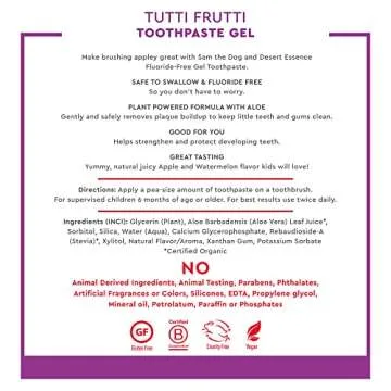 Desert Essence Fluoride-Free Toothpaste Gel for Kids - Tutti Frutti Flavor - Safe for Toddlers and Babies - Gluten-Free, SLS-Free, Non-Fluoride - Safe to Swallow with Xylitol and Aloe, 4.7oz