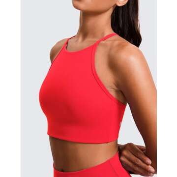 CRZ YOGA Butterluxe Womens High Neck Y Back Sports Bra - Padded Halter Racerback Spaghetti Thin Strap Workout Yoga Top Deep Red Medium