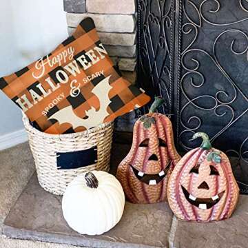Fjfz Halloween Farmhouse Decorative Throw Pillow Cover Happy Holiday October 31 Orange Black Buffalo Plaid Sign Autumn Fall Decoration Home Décor Cotton Linen Cushion Case for Sofa Couch 18" x 18"