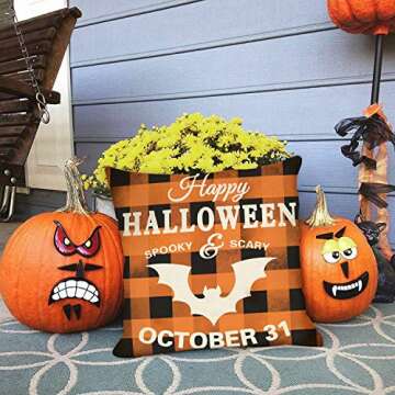 Fjfz Halloween Farmhouse Decorative Throw Pillow Cover Happy Holiday October 31 Orange Black Buffalo Plaid Sign Autumn Fall Decoration Home Décor Cotton Linen Cushion Case for Sofa Couch 18" x 18"