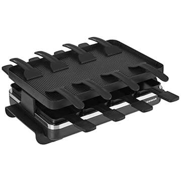 Swissmar Classic 8-Person Raclette Party Grill with Reversible Cast Aluminum Non-Stick Grill Plate/Crepe Top, Indoor Electric Raclette Grill & Griller - Black Grill Plate - Black