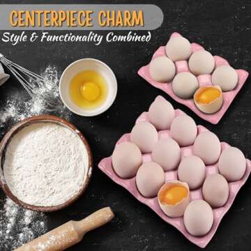 Flexzion 12 + 6 Cups Ceramic Egg Holder for Fridge - 18 Porcelain Egg Tray Container Keeper Storage Organizer Decorative Serving Stand Serveware for Refrigerator Countertop Display Kitchen (Pink)
