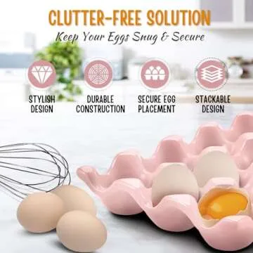 Flexzion 12 + 6 Cups Ceramic Egg Holder for Fridge - 18 Porcelain Egg Tray Container Keeper Storage Organizer Decorative Serving Stand Serveware for Refrigerator Countertop Display Kitchen (Pink)