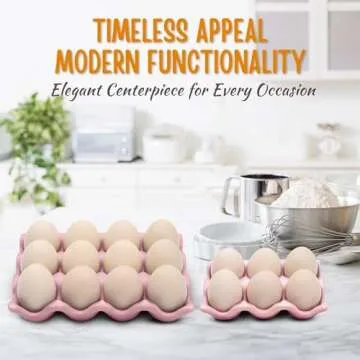 Flexzion 12 + 6 Cups Ceramic Egg Holder for Fridge - 18 Porcelain Egg Tray Container Keeper Storage Organizer Decorative Serving Stand Serveware for Refrigerator Countertop Display Kitchen (Pink)