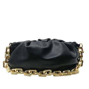 Prime Original Women's Chain Pouch Bag | Cloud-Shaped Dumpling Clutch Purse | Ruched Chain Shoulder Handbag (Black)