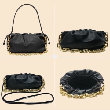 Prime Original Women's Chain Pouch Bag | Cloud-Shaped Dumpling Clutch Purse | Ruched Chain Shoulder Handbag (Black)