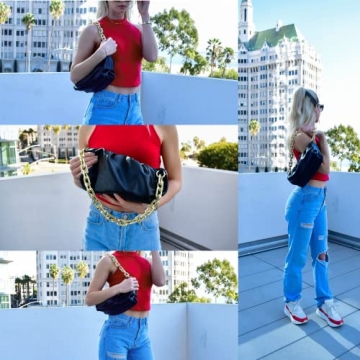 Prime Original Women's Chain Pouch Bag | Cloud-Shaped Dumpling Clutch Purse | Ruched Chain Shoulder Handbag (Black)