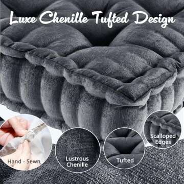 Intelligent Design Azza Floor Pillow, Large Cushions Sitting for Adults, Floor Pillow for Meditation or Yoga, Lustrous Chenille Tufted with Scalloped Edges for Bench/Chair Cushion, 20"x20"x5" Charcoal