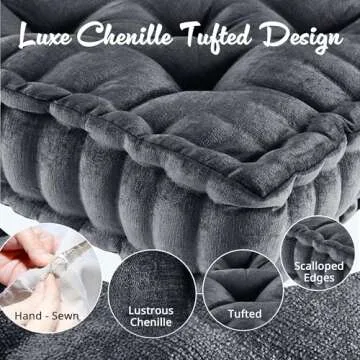 Intelligent Design Azza Floor Pillow, Large Cushions Sitting for Adults, Floor Pillow for Meditation or Yoga, Lustrous Chenille Tufted with Scalloped Edges for Bench/Chair Cushion, 20"x20"x5" Charcoal