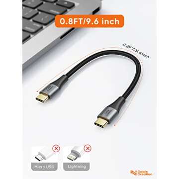 CableCreation Short USB C to USB C Cable 60W, USB C Charger Cable 0.8FT, Double-Braided Exterior Com...