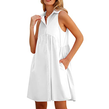 DEEP SELF Women Summer Collared Shirt Dress Casual Loose Button Down Short Dress V Neck Tunic Mini D...