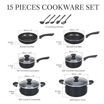 Cook N Home Basics Pots and Pans Cooking, 15-Piece Nonstick Cookware Set, Black