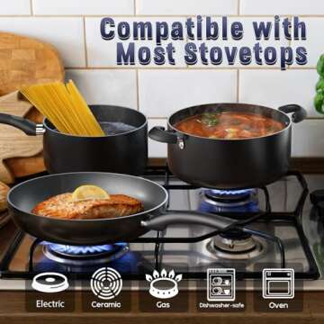 Cook N Home Basics Pots and Pans Cooking, 15-Piece Nonstick Cookware Set, Black