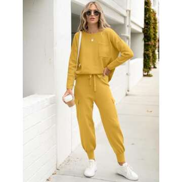 Caracilia Women's Two Piece Outfits Sweater Sets Long Sleeve Knit Tops Matching Cargo Jogger Pants 2024 Fall Lounge Sets Yellow Small