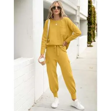Caracilia Women's Two Piece Outfits Sweater Sets Long Sleeve Knit Tops Matching Cargo Jogger Pants 2024 Fall Lounge Sets Yellow Small