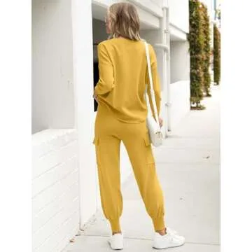 Caracilia Women's Two Piece Outfits Sweater Sets Long Sleeve Knit Tops Matching Cargo Jogger Pants 2024 Fall Lounge Sets Yellow Small