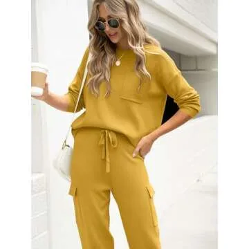 Caracilia Women's Two Piece Outfits Sweater Sets Long Sleeve Knit Tops Matching Cargo Jogger Pants 2024 Fall Lounge Sets Yellow Small