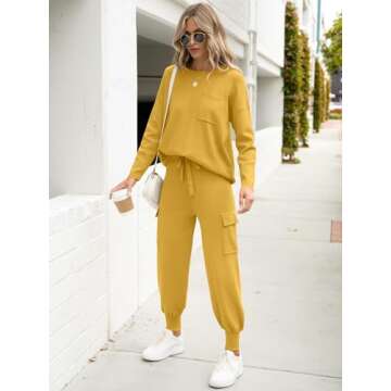 Caracilia Women's Two Piece Outfits Sweater Sets Long Sleeve Knit Tops Matching Cargo Jogger Pants 2024 Fall Lounge Sets Yellow Small