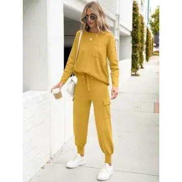 Caracilia Women's Two Piece Outfits Sweater Sets Long Sleeve Knit Tops Matching Cargo Jogger Pants 2024 Fall Lounge Sets Yellow Small